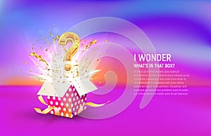 Open box with question sign and confetti explosion inside and on colorful liquid background. Mystery giftbox vector