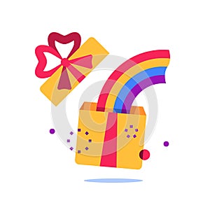 Open box, surprise gift and rainbow, special reward, prize giveaway, loyalty present, creative idea