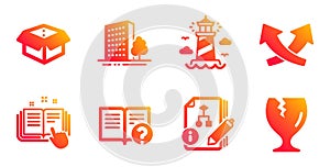 Open box, Technical documentation and Algorithm icons set. Help, Intersection arrows and Buildings signs. Vector