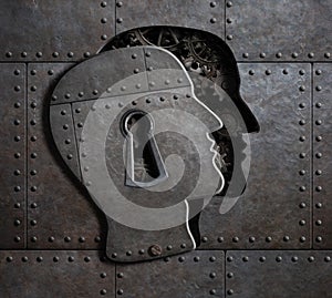 Open brain door with metal gears and cogs 3d illustration