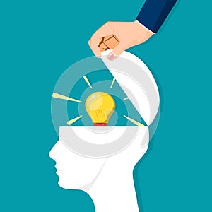 Open the brain with a light bulb. Creativity and innovation symbol. Ideas for business success