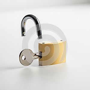 Open Brass Padlock with Silver Key Inserted in the Lock Body