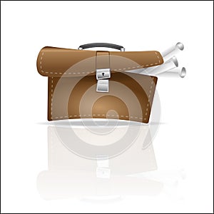 Open briefcase sticking rolls of paper drawings, icon, portfolio business
