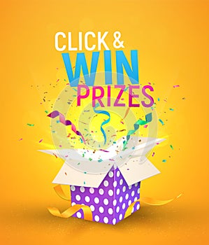 Open brigh textured box with confetti explosion inside and Click and win prizes text. Flying particles from giftbox vector