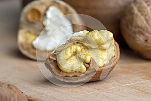 Open and broken walnut shells lying on the table