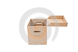 Open brown cardboard paper box isolated on white