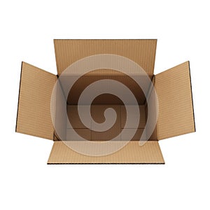 Open brown cardboard shipping box with flaps extended isolated on white background