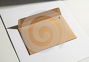 An open brown Kraft paper envelope on a white surface, casting a shadow. The rectangular envelope