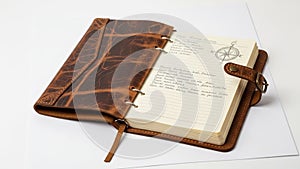 Open brown leather journal with a strap laid on a white surface