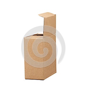 Open brown square cardboard box for transporting goods isolated on white background