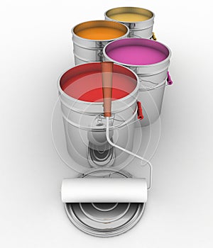 Open buckets with a paint and roller