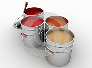 Open buckets with a paint and roller