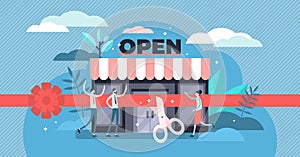 Open business vector illustration. Tiny commerce beginning persons concept.