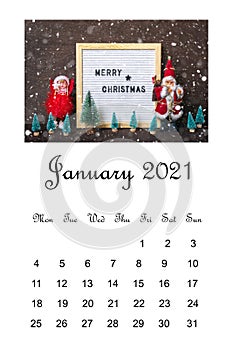 Open Calendar January 2021, Christmas composition on white background Education, goals, resolutions, plan, new year new me concept