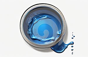 Open Can of Blue Paint with Drips on White Background - Artistic Splatter Design.