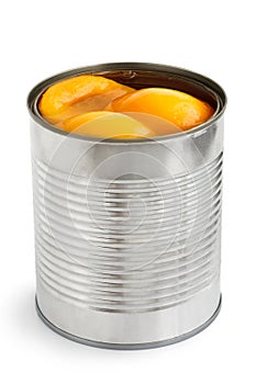 Open can of peach halves in syrup.