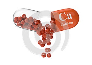 Open capsule with calcium from which the vitamin composition is pouring