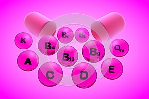 Open capsule with essential vitamin pills on pink background. Vitamin and mineral complex. Healthy life concept. Medical