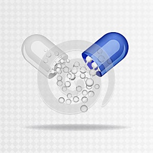 Open capsule pill with falling out molecules in realistic style isolated on transparent background