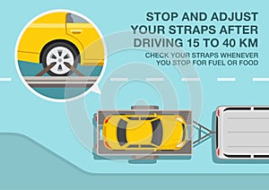 Open car hauler trailer with vehicle on it. Stop and adjust your straps after driving 15 to 40 km. Top view.