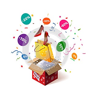Open cardboard box with accounting folders and confetti explosion inside and on white background