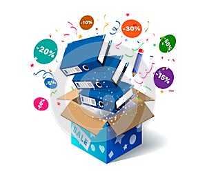 Open cardboard box with accounting folders and confetti explosion inside and on white background