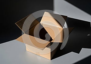 Open cardboard box bathed in dramatic sunlight and shadow. An empty, open cardboard box sits on a flat surface