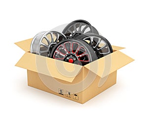 Open cardboard box with car rims