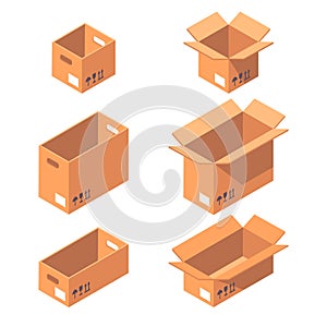 Open cardboard box. Carton boxes, shipping and delivery packages. Cardboard boxes flat vector illustration set