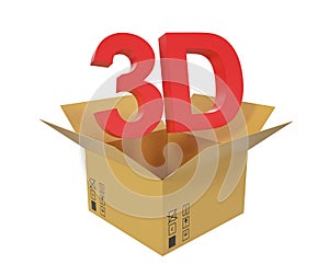 Open cardboard box with 3D text above the box