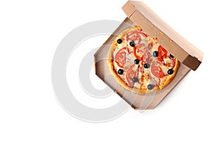 Open cardboard box with delicious pizza and space for text on white background, top view.