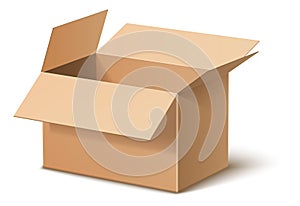 Open cardboard box. Empty paper package. Realistic blank mockup