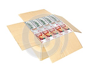 Open cardboard box half filled with bundles of Russian five thousand ruble bills and American hundred-dollar bills