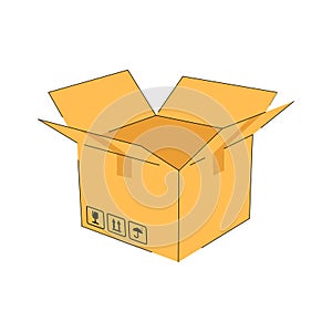 Open cardboard box icon with symbols isolated white background. Cartoon Delivery cargo box with fragile care sign symbol