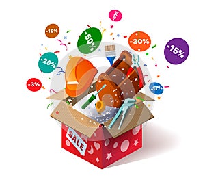 Open cardboard box with master service and confetti explosion inside and on white background