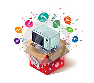 Open cardboard box with microwave oven and confetti explosion inside and on white background