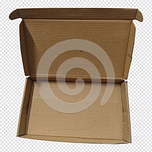 Open cardboard box with no contents inside viewed from the top angle isolated on transparent background