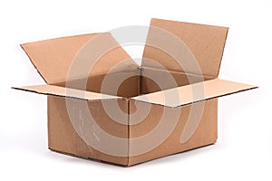 Open cardboard box with plastic tape