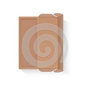 Open cardboard box of rectangular shape, top view of empty parcel with lid
