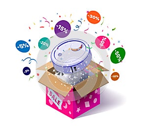 Open cardboard box with robot vacuum cleaner and confetti explosion inside and on white background