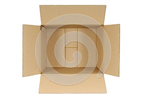 Open cardboard box, top view inside, isolated on white background