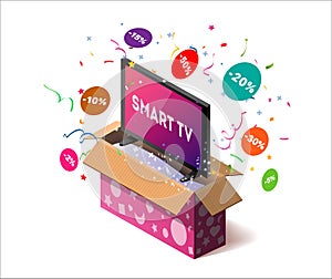 Open cardboard box with tv and confetti explosion inside and on white background