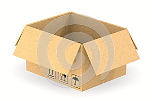 Open cardboard box on white background. Isolated 3D illustration