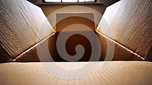 Open cardboard box with window light for packaging and moving concepts