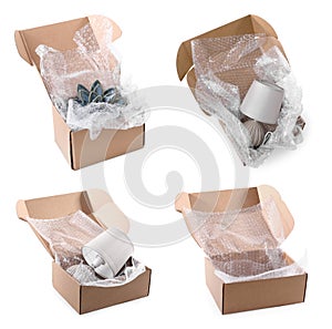 Open cardboard boxes with bubble wrap and items on white background, collage