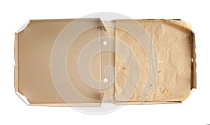 Open cardboard pizza box on white background