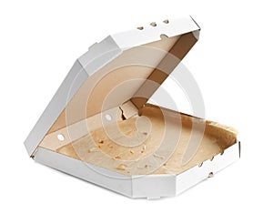 Open cardboard pizza box on white background