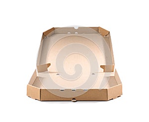 Open cardboard pizza box on white background