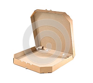 Open cardboard pizza box on white background.