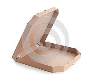 Open cardboard pizza box on white background